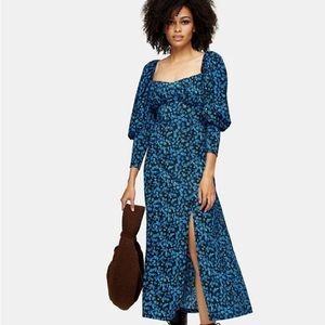 NWT Topshop Blue Milkmaid Puff Sleeve Midi Dress. Size US 6.